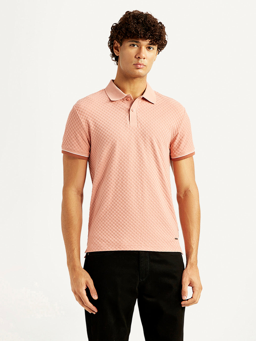 Men's Redloop Textured Pink Slim Fit Polo T-shirt - Front View