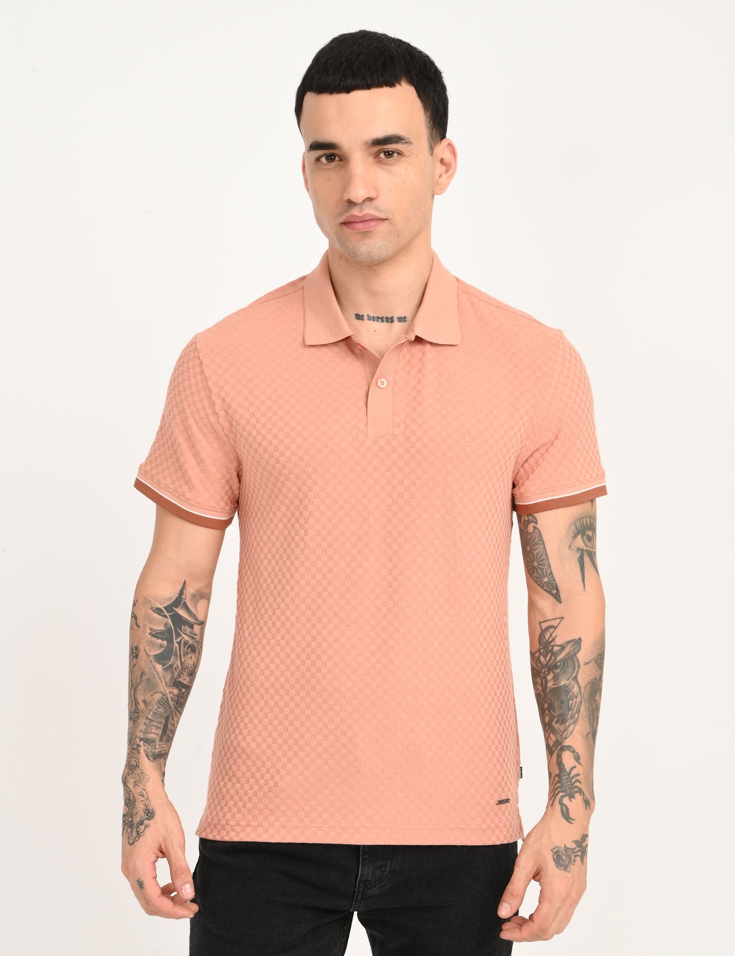 Men's Redloop Textured Pink Slim Fit Polo T-shirt