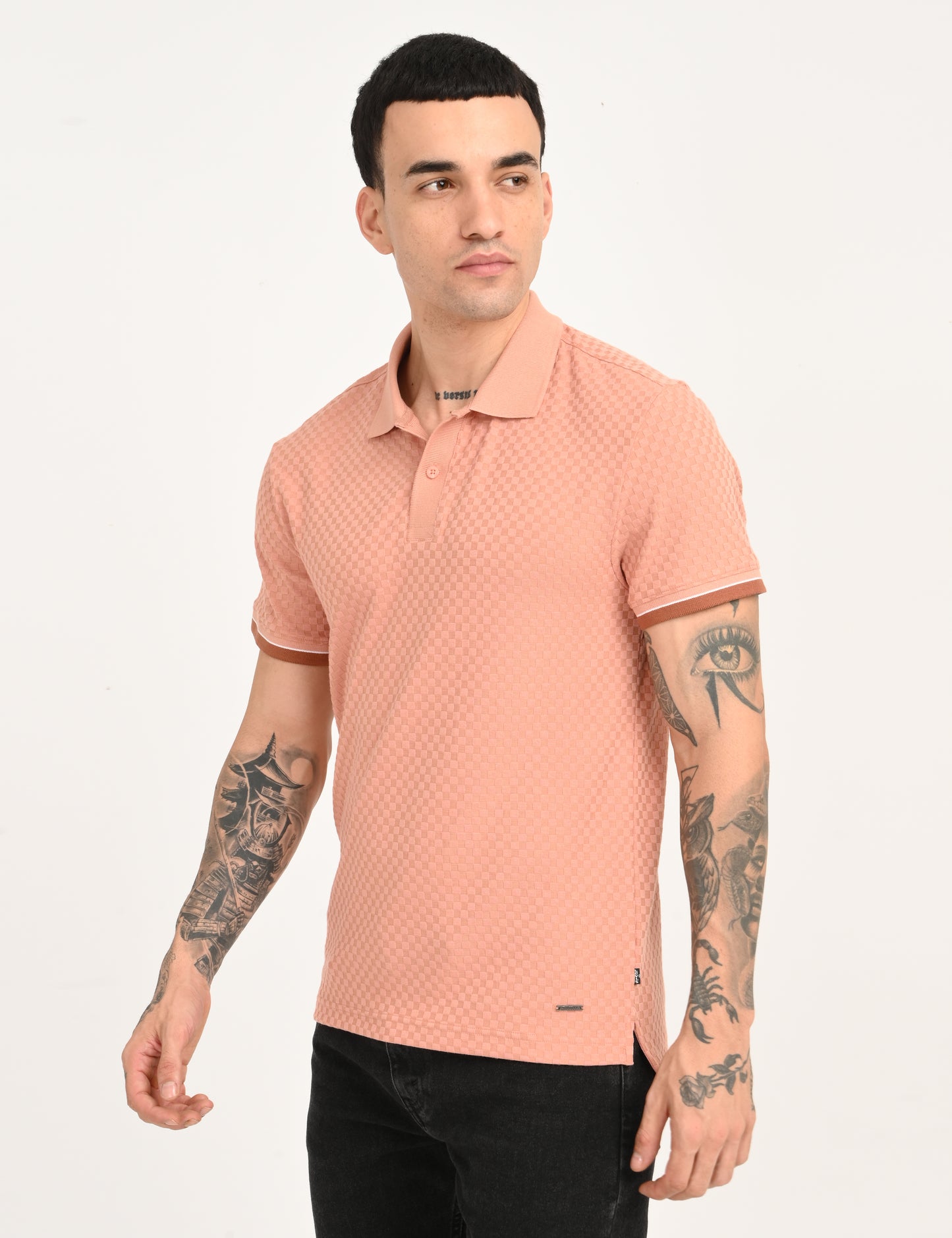 Men's Redloop Textured Pink Slim Fit Polo T-shirt - side View
