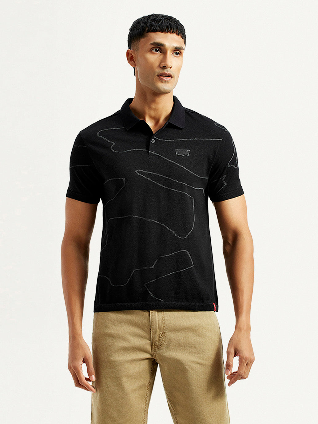 Men's Abstract Black Slim Fit Polo T-Shirt - Front View