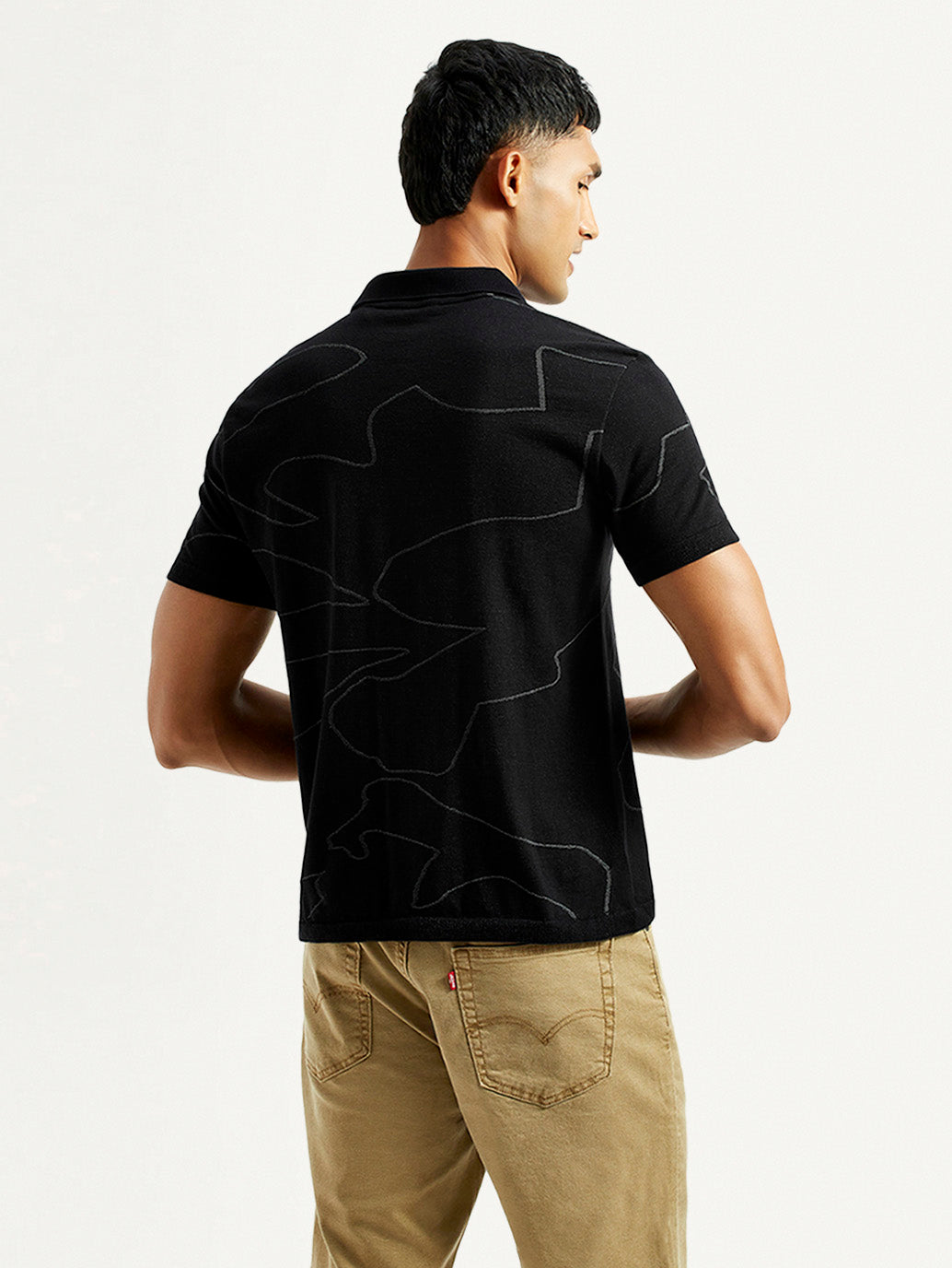 Men's Abstract Black Slim Fit Polo T-Shirt - Back View