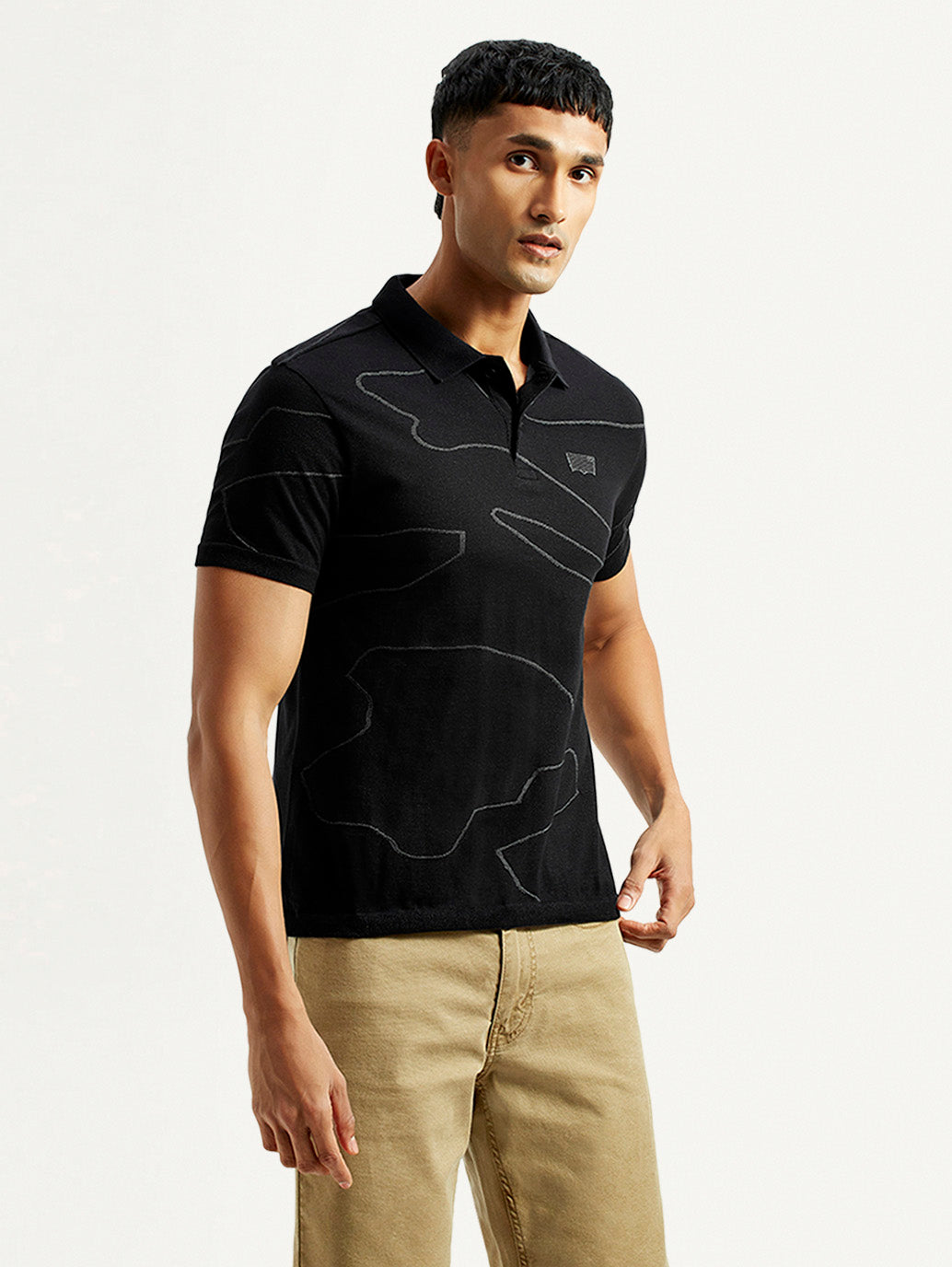 Men's Abstract Black Slim Fit Polo T-Shirt - Side View