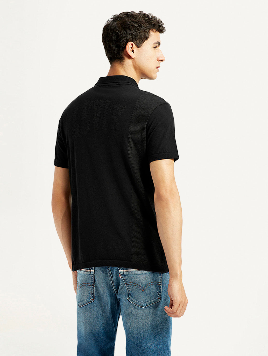 Men's Brand Logo Black Slim Fit Polo T-shirt - Back View