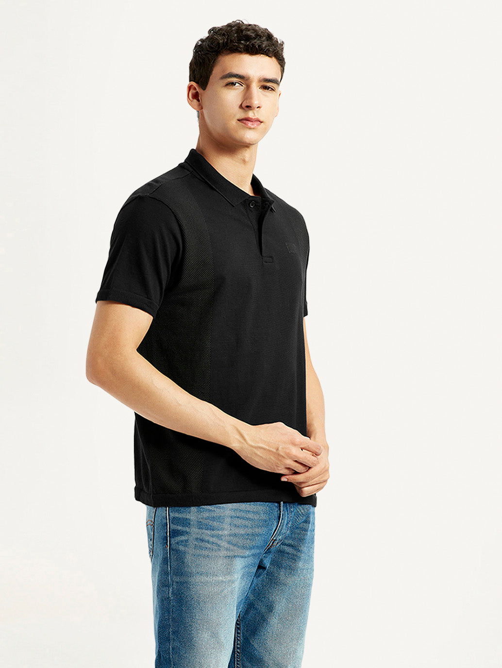 Men's Brand Logo Black Slim Fit Polo T-shirt - Side View