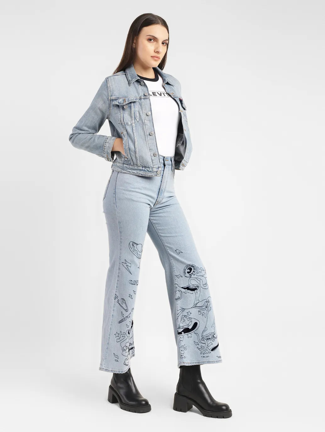 Women's Blue Ribcage Bell Bottom Wide Leg Fit High Rise Jeans
