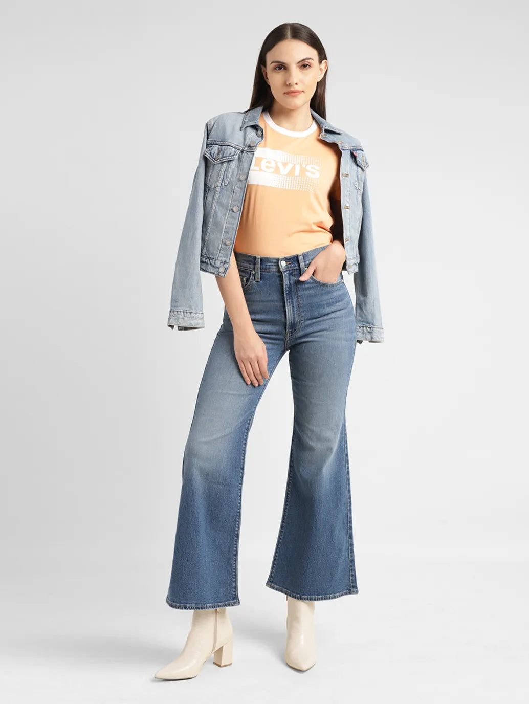 Women's Blue Ribcage Bell Bottom Wide Leg Fit High Rise Jeans