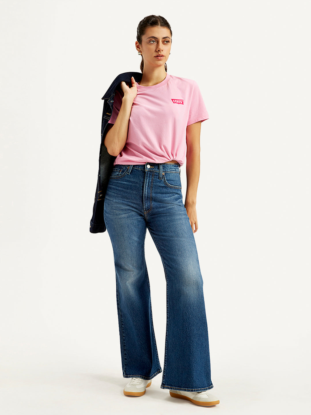 Women's Blue Ribcage Bell Bottom Wide Leg Fit High Rise Jeans