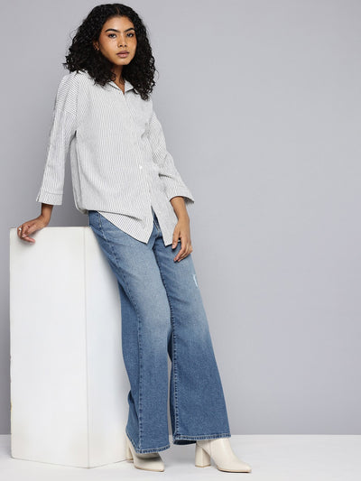 Women's Blue Ribcage Bell Bottom Wide Leg Fit High Rise Jeans