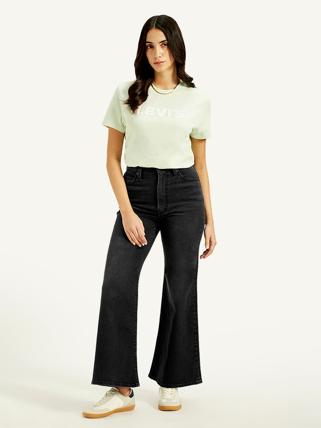 Women's Black Ribcage Bell Bottom Wide Leg Fit High Rise Jeans