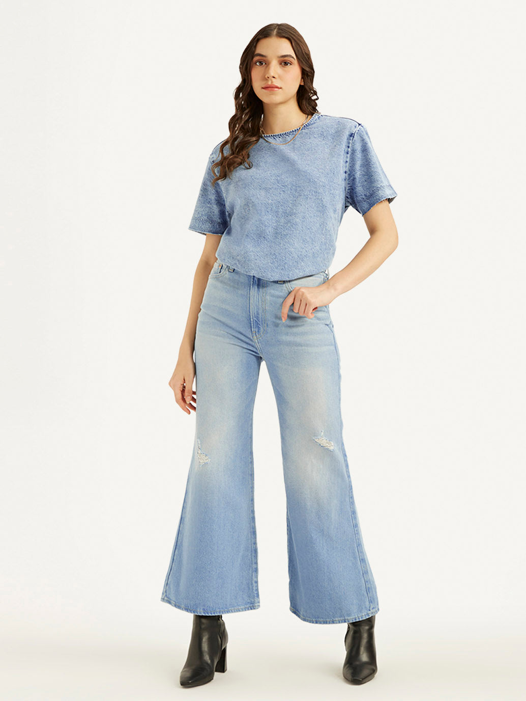 Women's Blue Ribcage Bell Bottom Wide Leg Fit High Rise Jeans