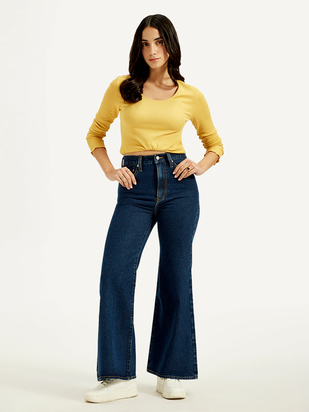 Women's Navy Blue Ribcage Bell Bottom Wide Leg Fit High Rise Jeans