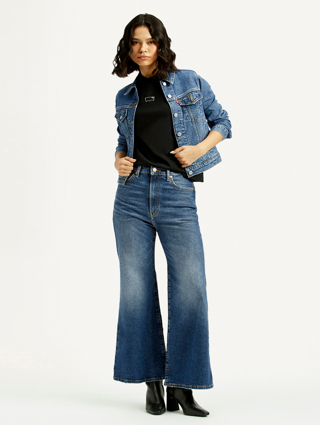 Women's Blue Ribcage Bell Bottom Wide Leg Fit Mid Rise Jeans - Styleshot View