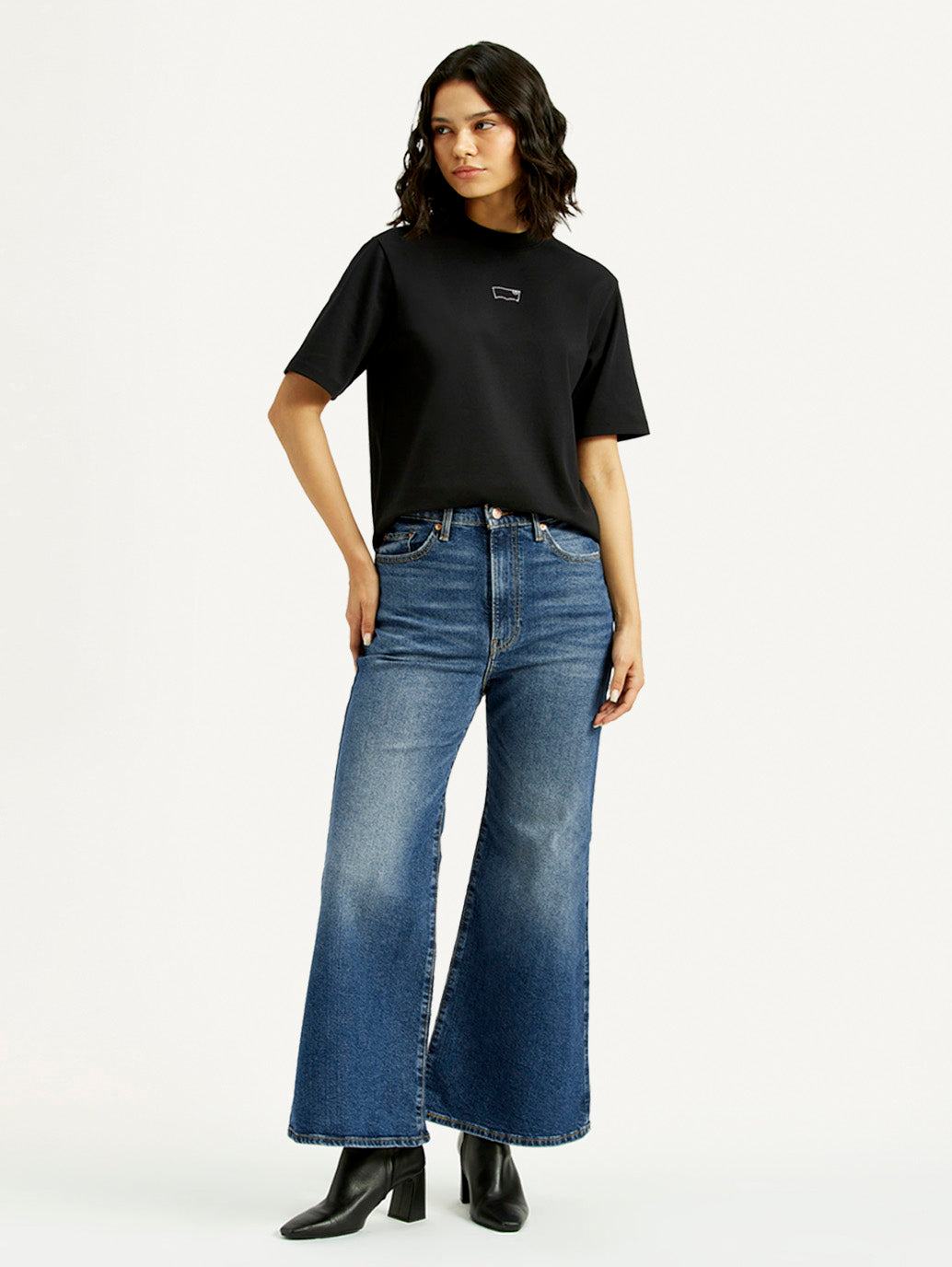 Women's Blue Ribcage Bell Bottom Wide Leg Fit Mid Rise Jeans - Front View