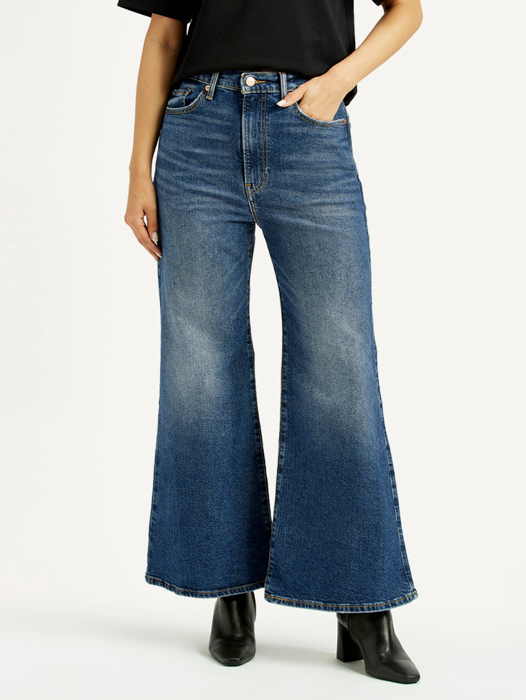 Women's Blue Ribcage Bell Bottom Wide Leg Fit Mid Rise Jeans - Front View