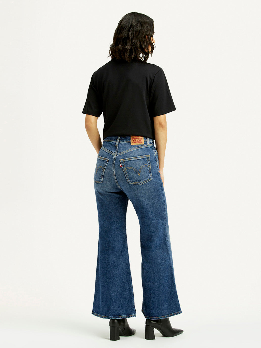 Women's Blue Ribcage Bell Bottom Wide Leg Fit Mid Rise Jeans - Back View