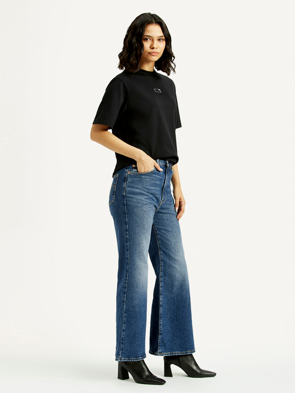 Women's Blue Ribcage Bell Bottom Wide Leg Fit Mid Rise Jeans - Side View