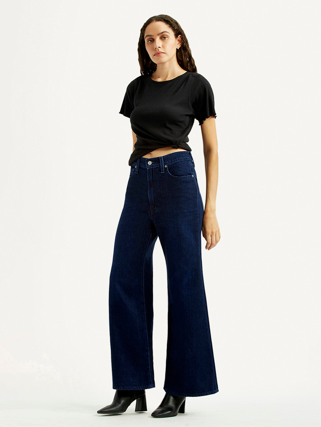 Women's Navy Ribcage Wide Leg Fit Bell Bottom High Rise Jeans