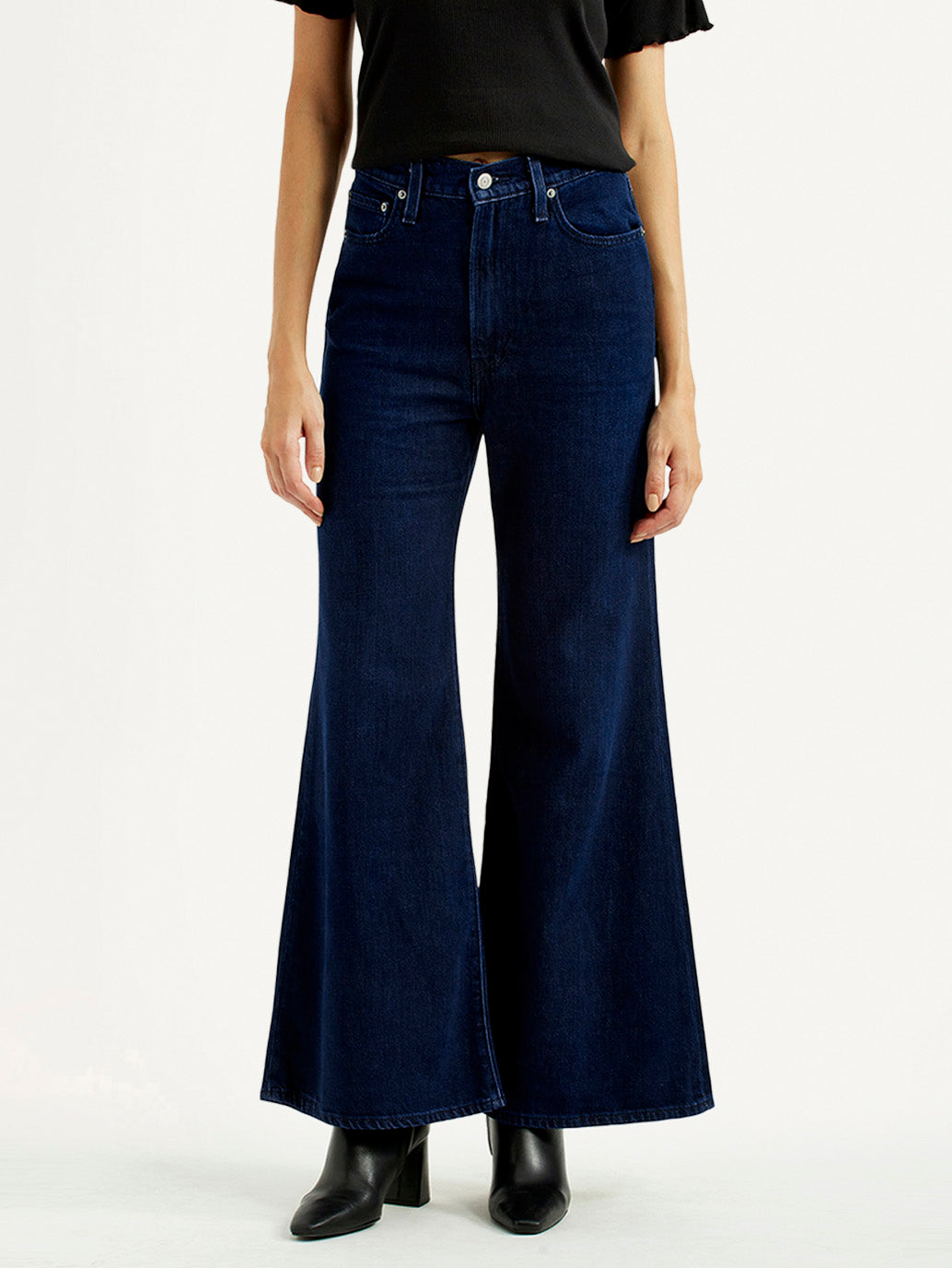 Women's Navy Ribcage Wide Leg Fit Bell Bottom High Rise Jeans - Front View