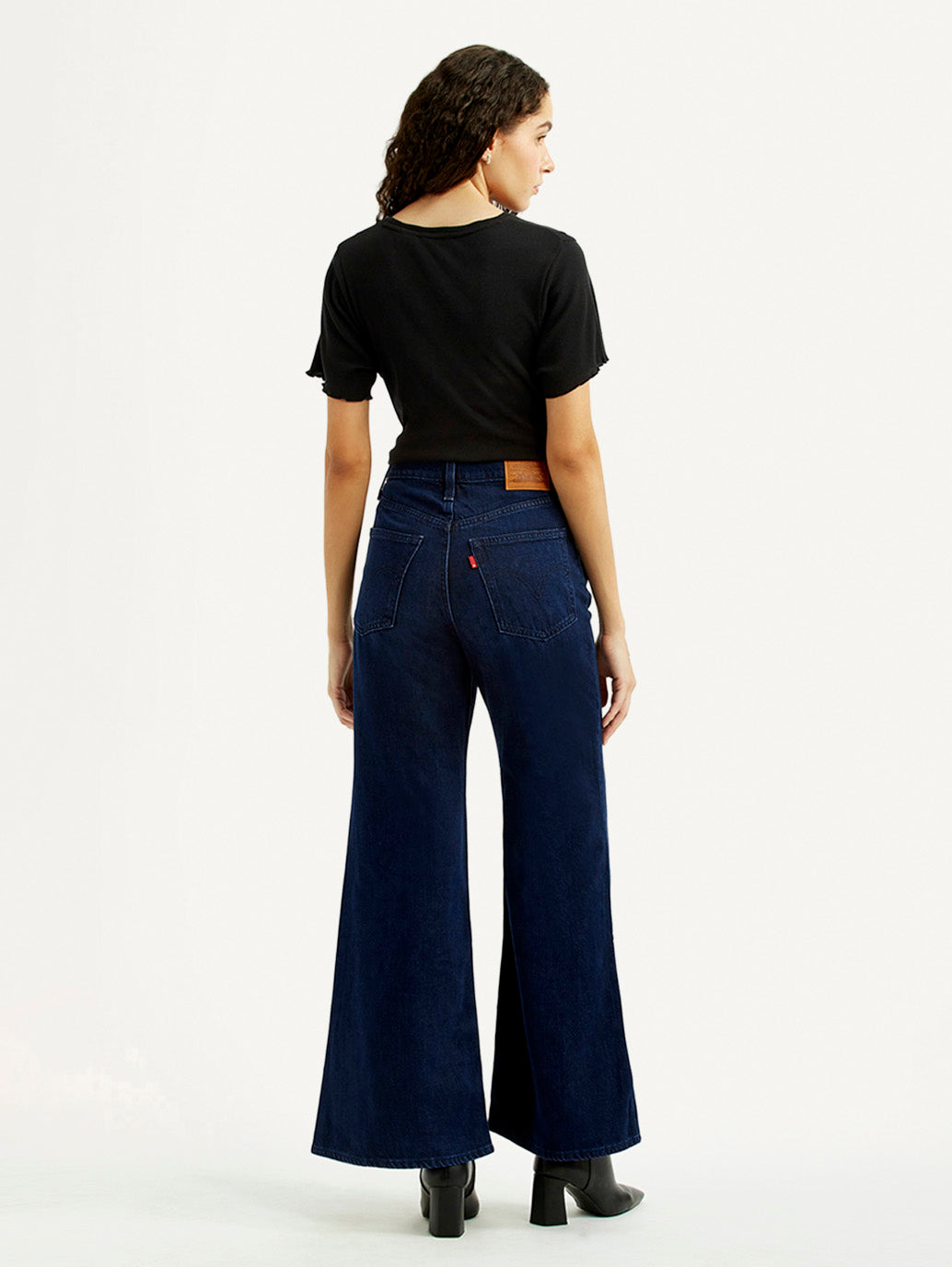 Women's Navy Ribcage Wide Leg Fit Bell Bottom High Rise Jeans - Back View