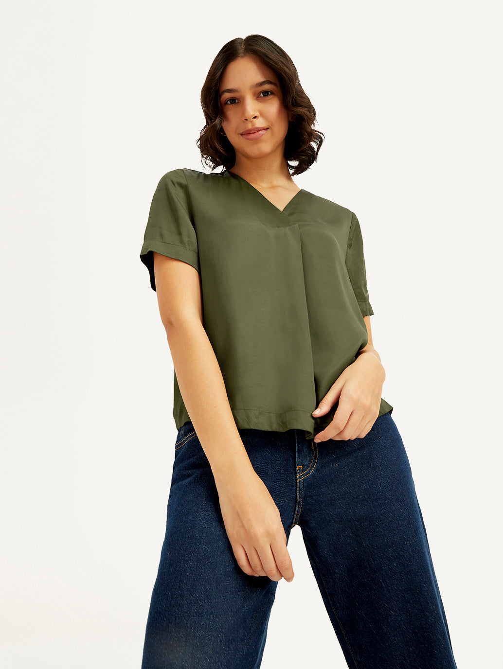 Women's Solid Olive V-Neck Top - Elevated View