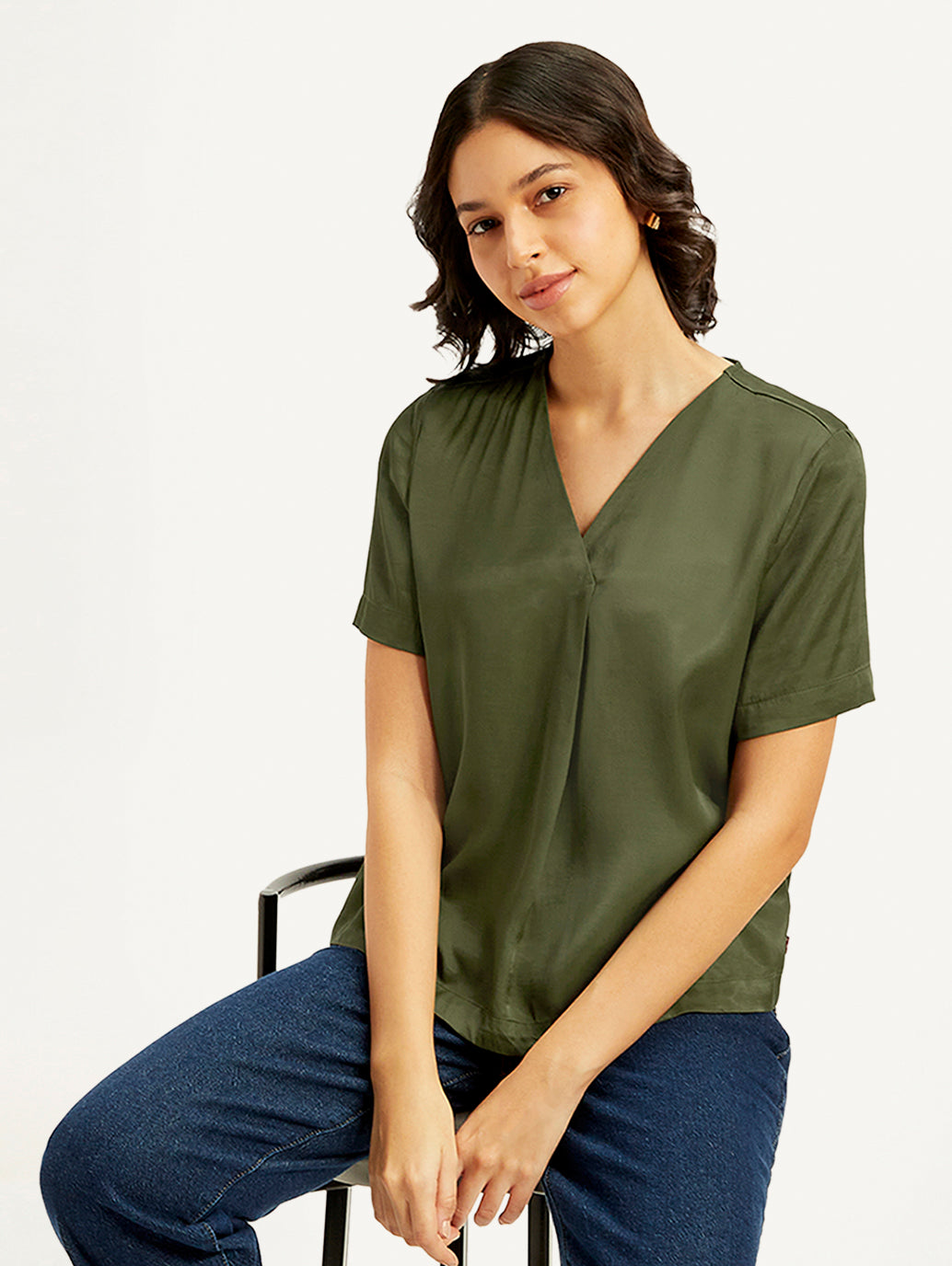 Women's Solid Olive V-Neck Top - Styleshot View