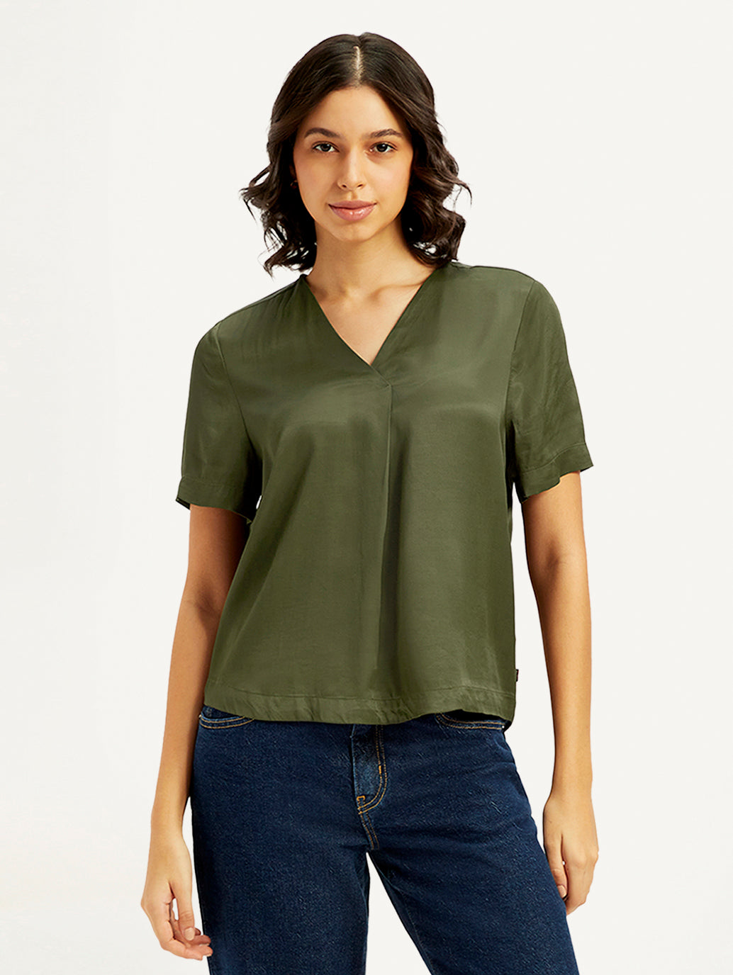 Women's Solid Olive V-Neck Top - Front View