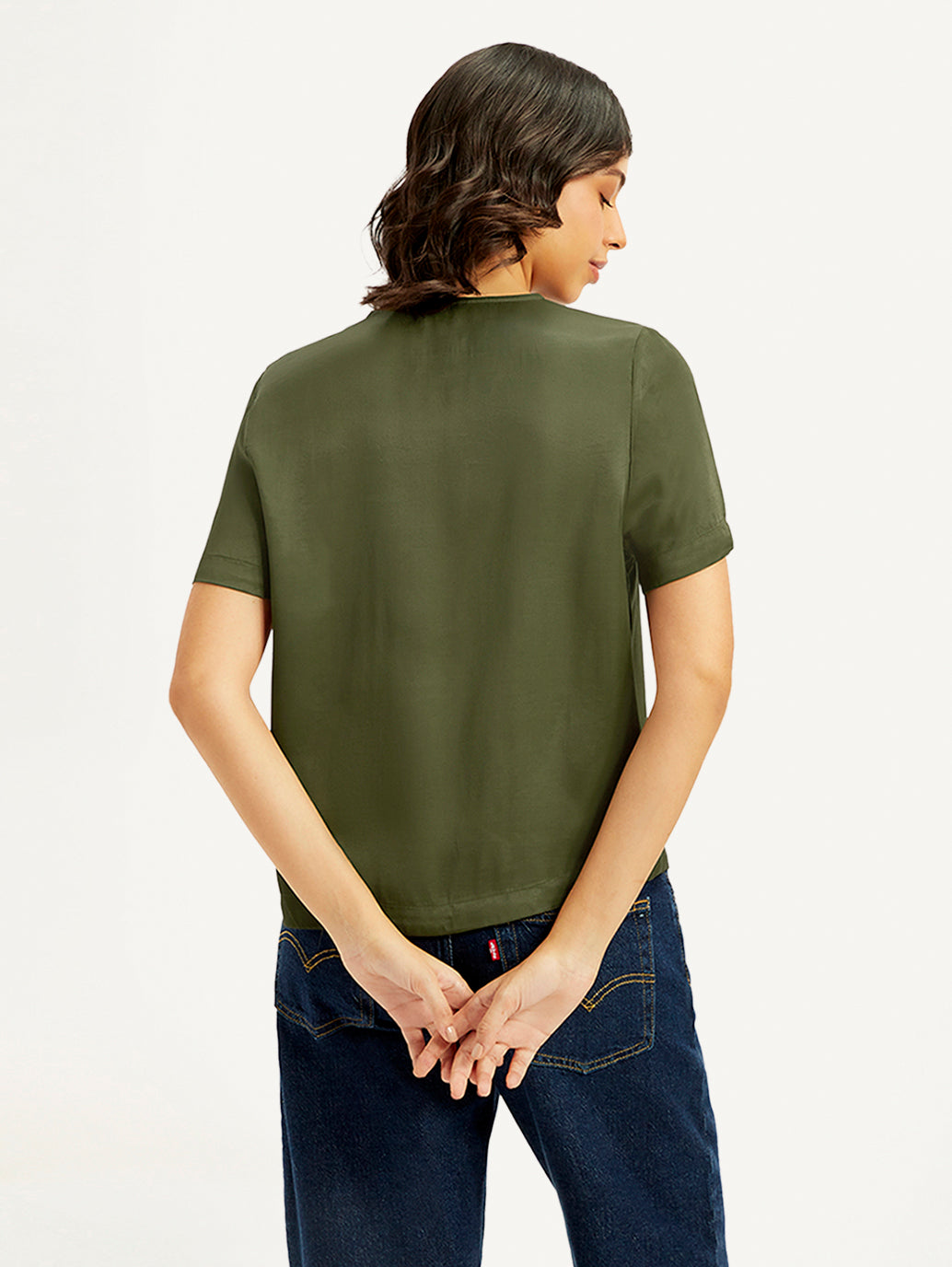 Women's Solid Olive V-Neck Top - Back View