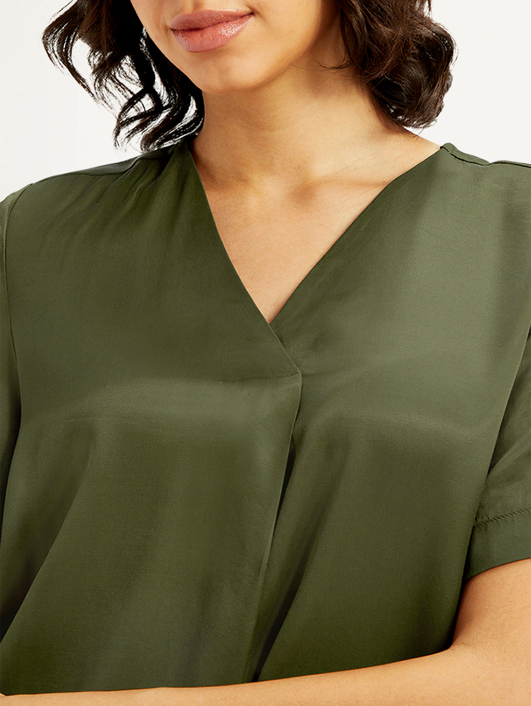 Women's Solid Olive V-Neck Top - Detail View