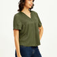Women's Solid Olive V-Neck Top - Side View