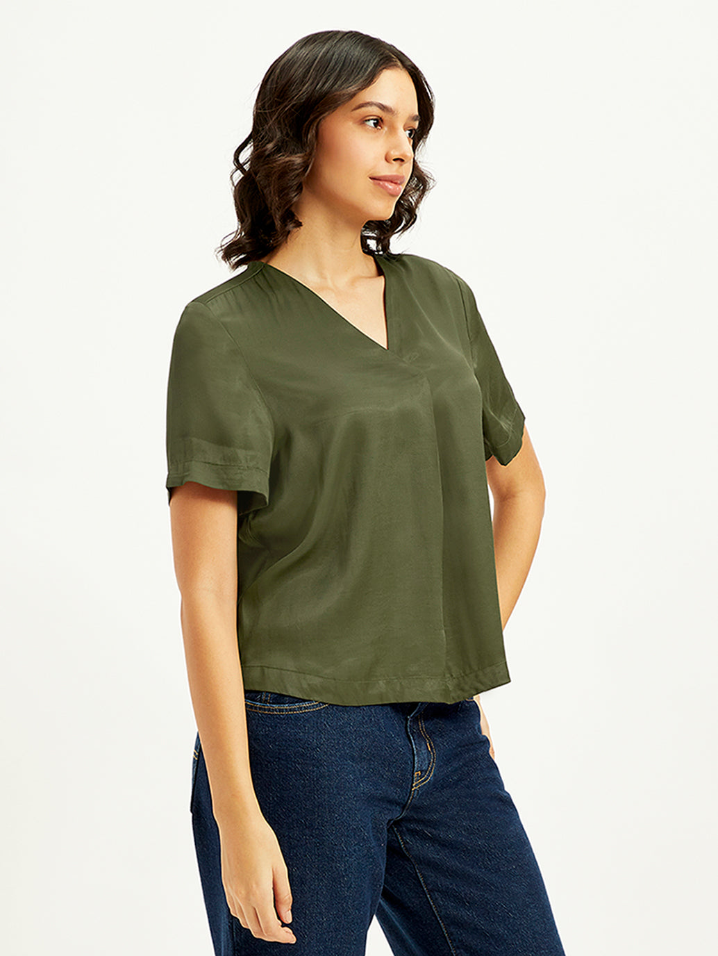 Women's Solid Olive V-Neck Top - Side View