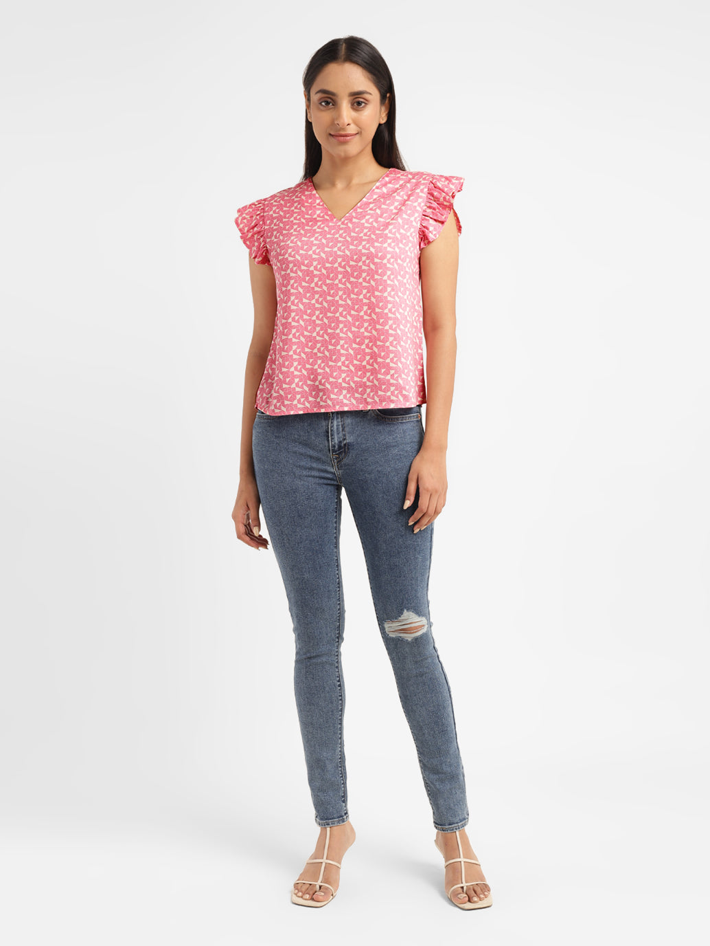 Women's Geometric Pink V Neck Top