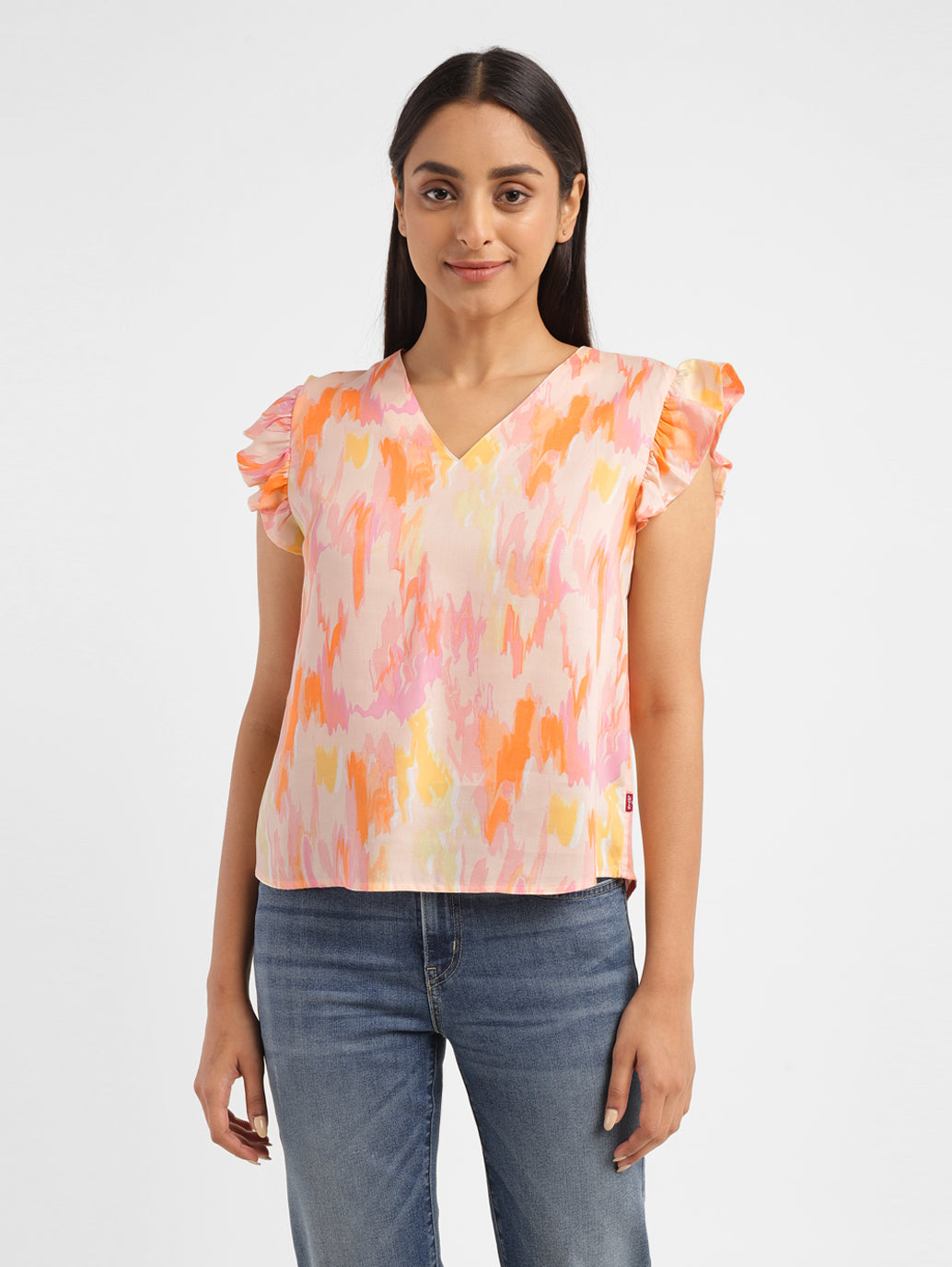 Women's Abstract Peach V Neck Top