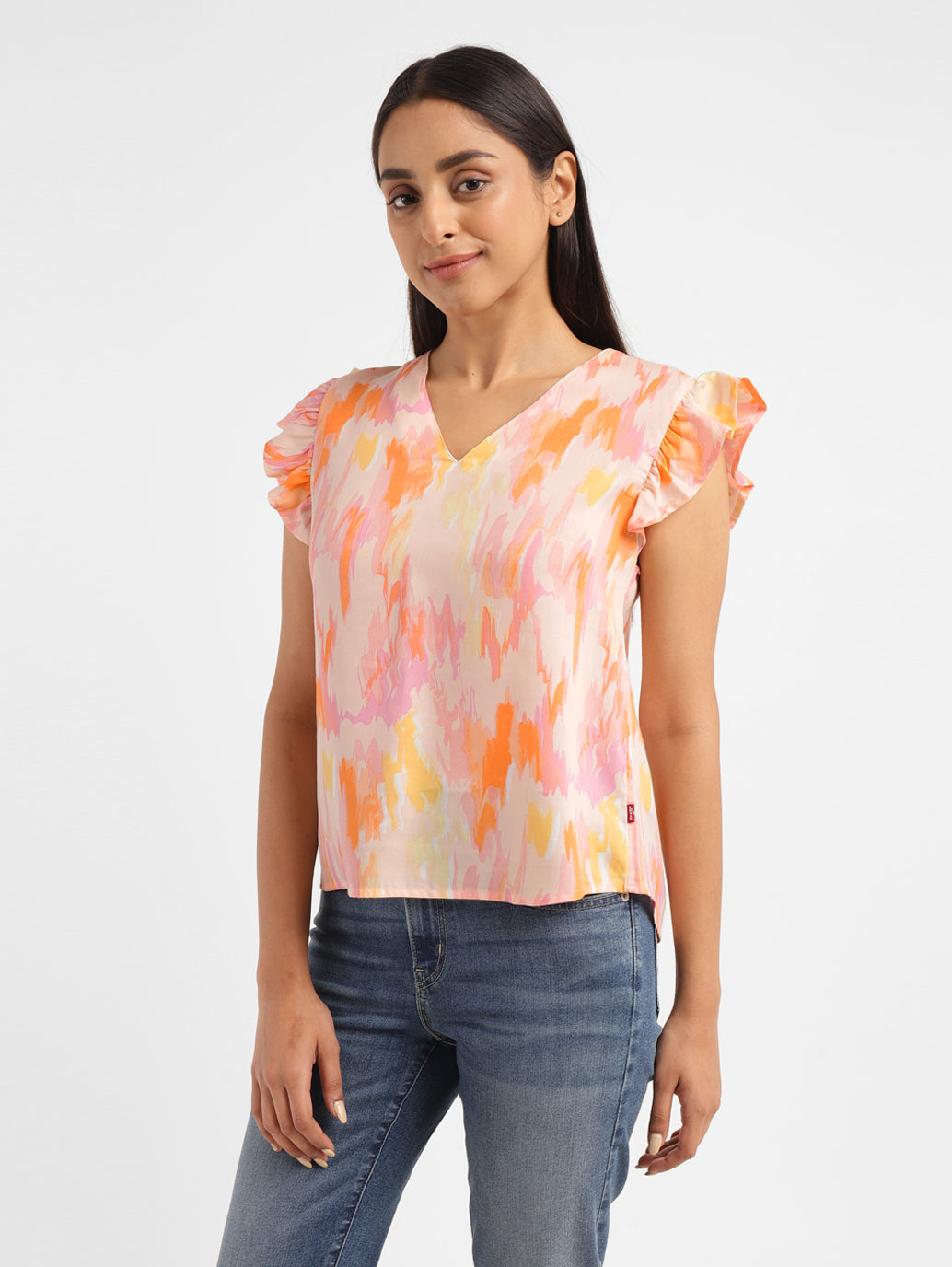 Women's Abstract Peach V Neck Top