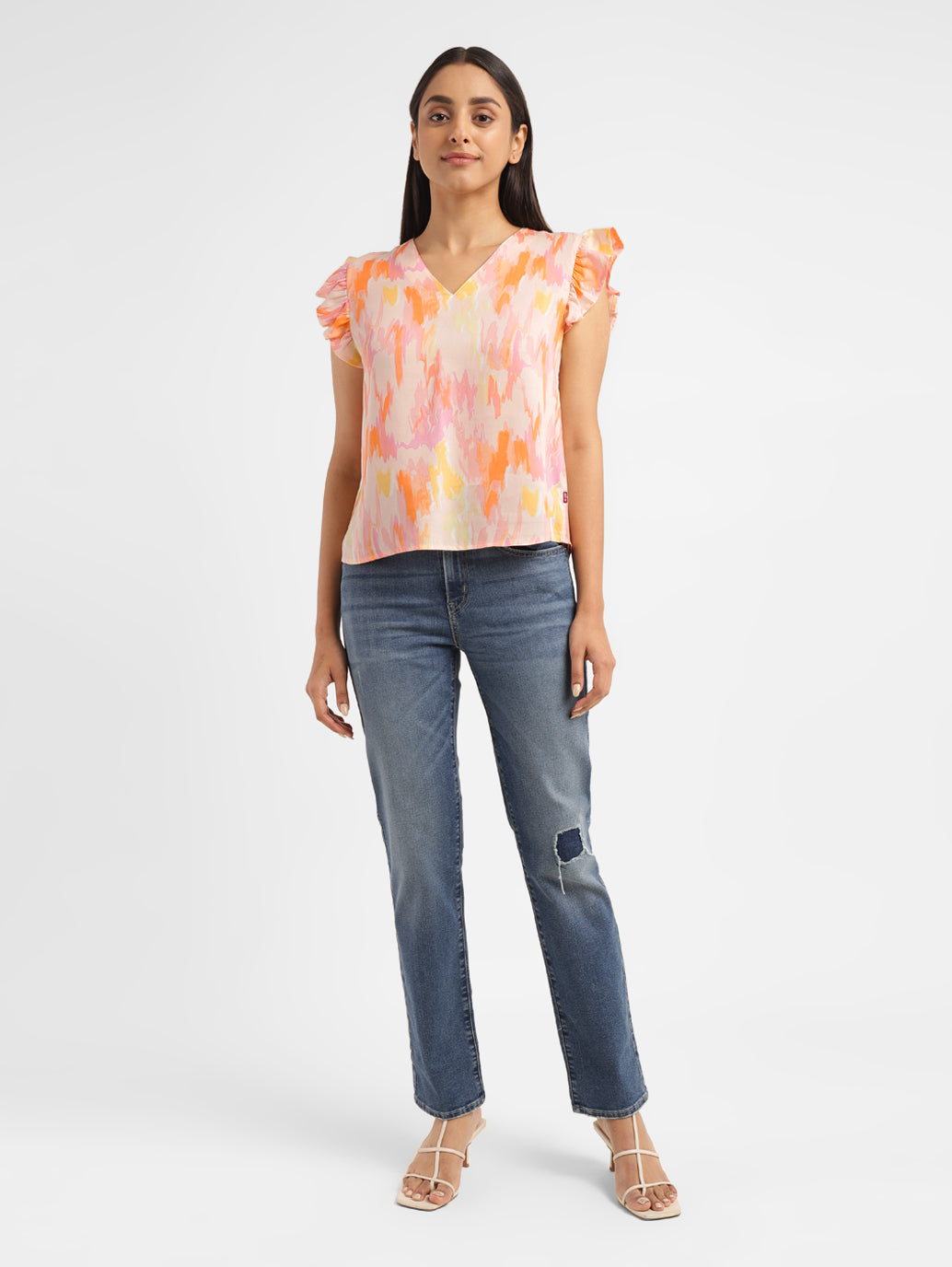 Women's Abstract Peach V Neck Top