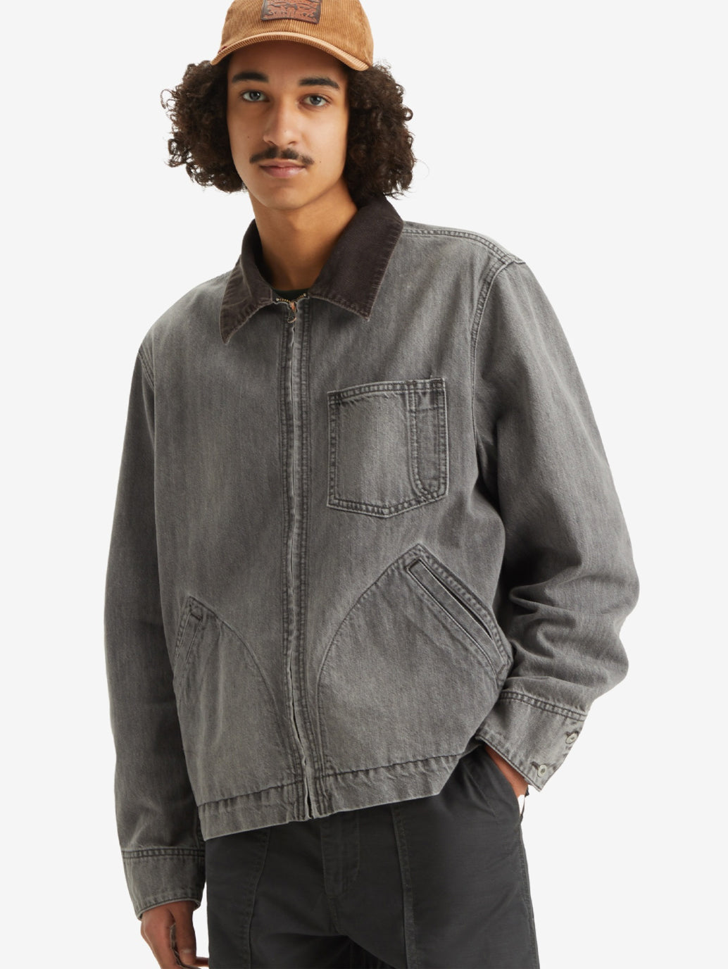 Men's Solid Charcoal-Grey Spread Collar Denim Jacket