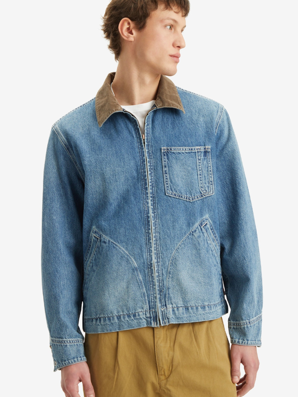 Men's Solid Blue Spread Collar Denim Jacket - Main Image