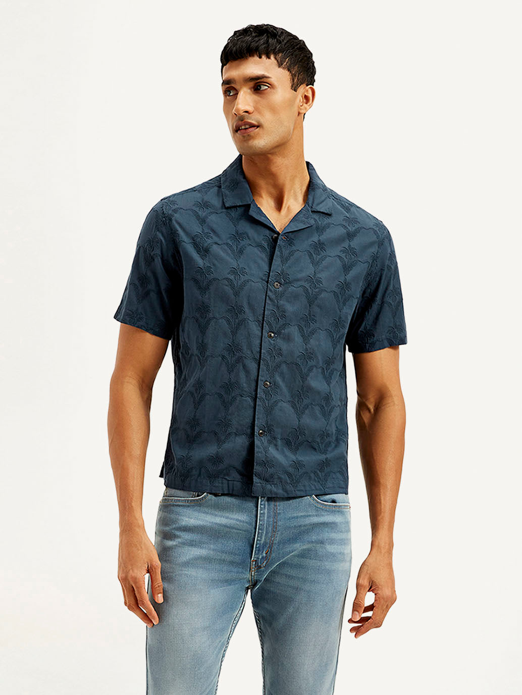 Men's Embroidered Resort Collar Loose Fit Shirt - Front View