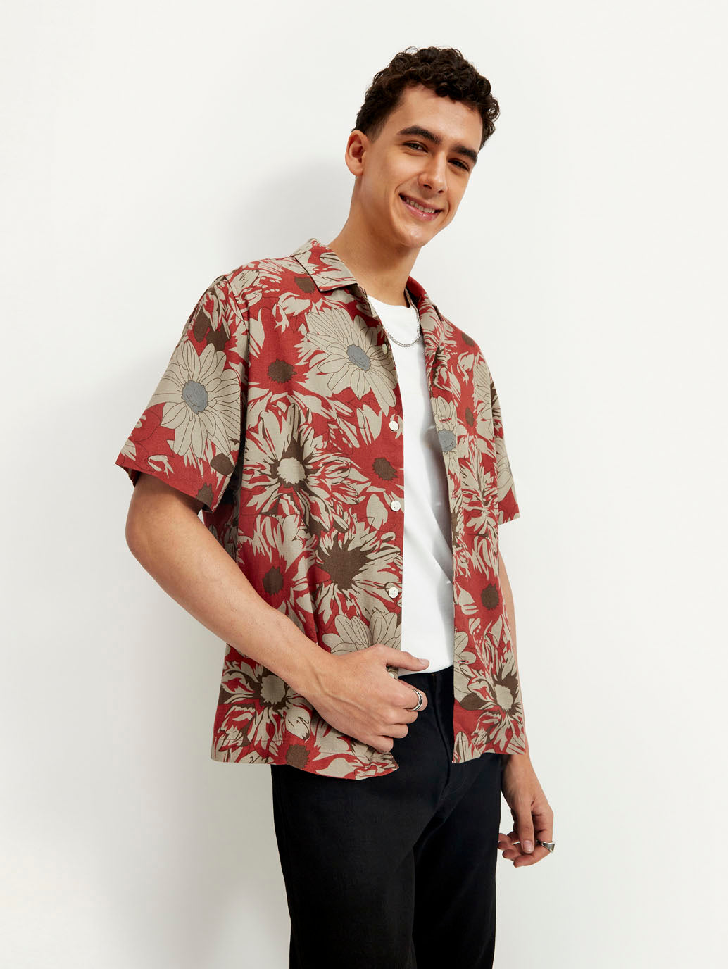 Men's Resort Collar Floral Loose Fit Linen Shirt