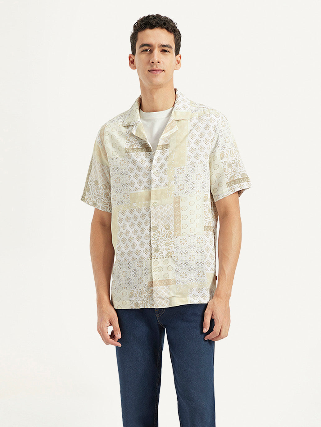 Men's Printed Resort Collar Relaxed Fit Linen Shirt - Front View