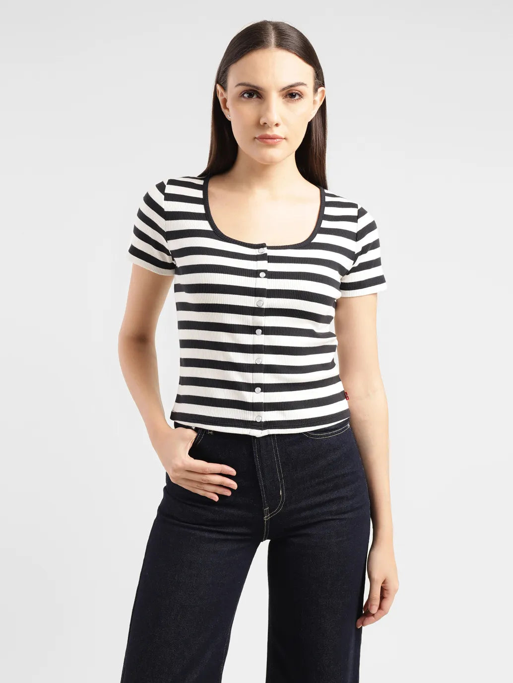 Women's Striped Black And White Scoop Neck Top