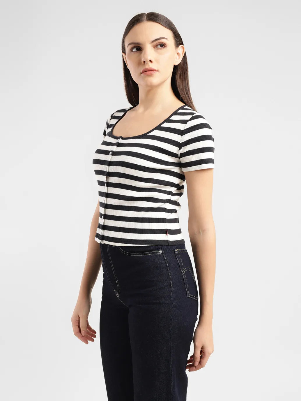 Women's Striped Black And White Scoop Neck Top