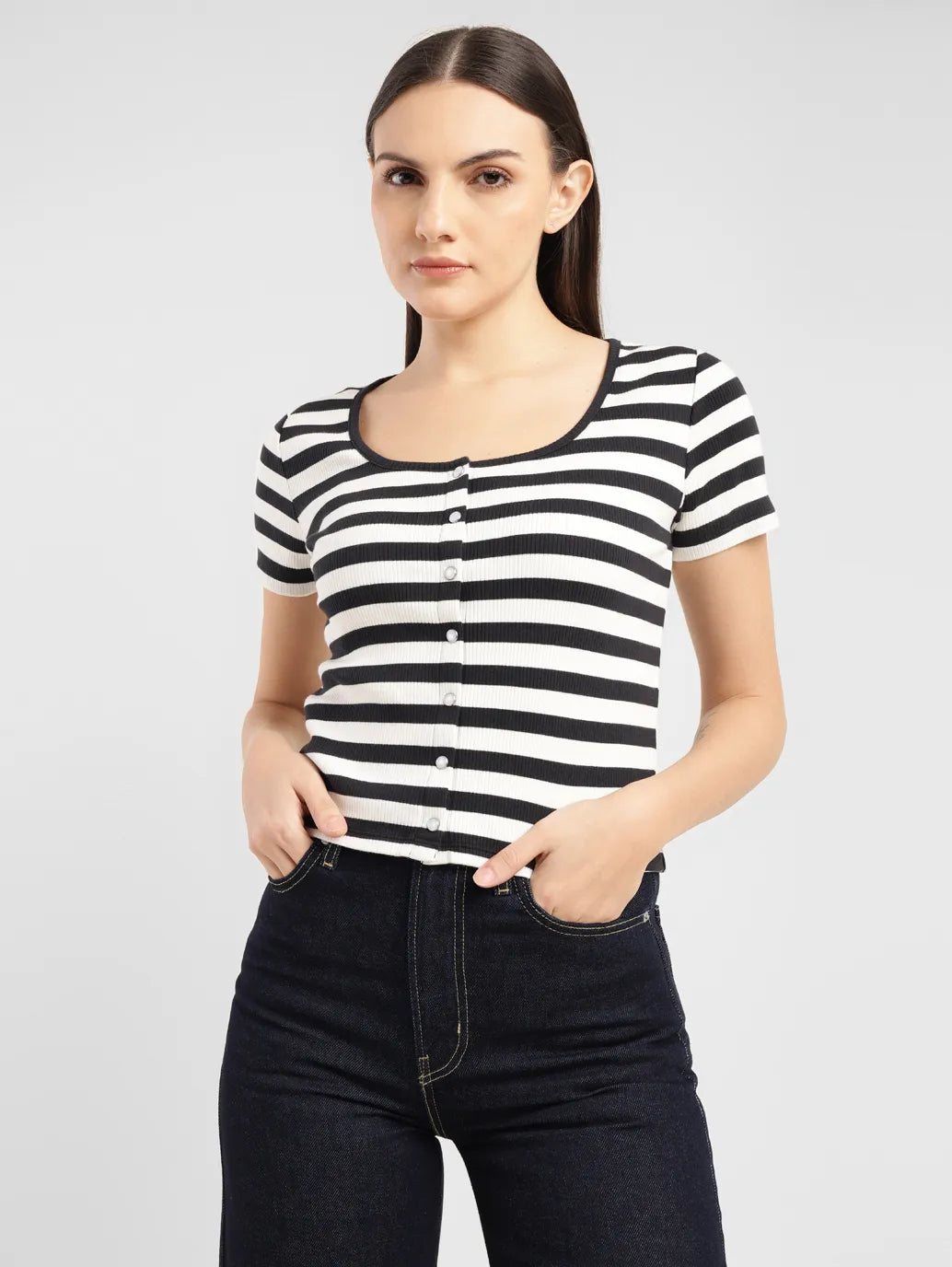 Women's Striped Black And White Scoop Neck Top