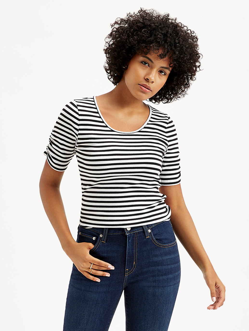 Women's Striped Black Round Neck Top