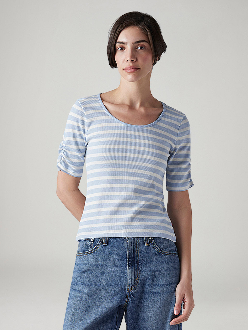 Women's Striped Light Blue Scoop Neck Top - Front View