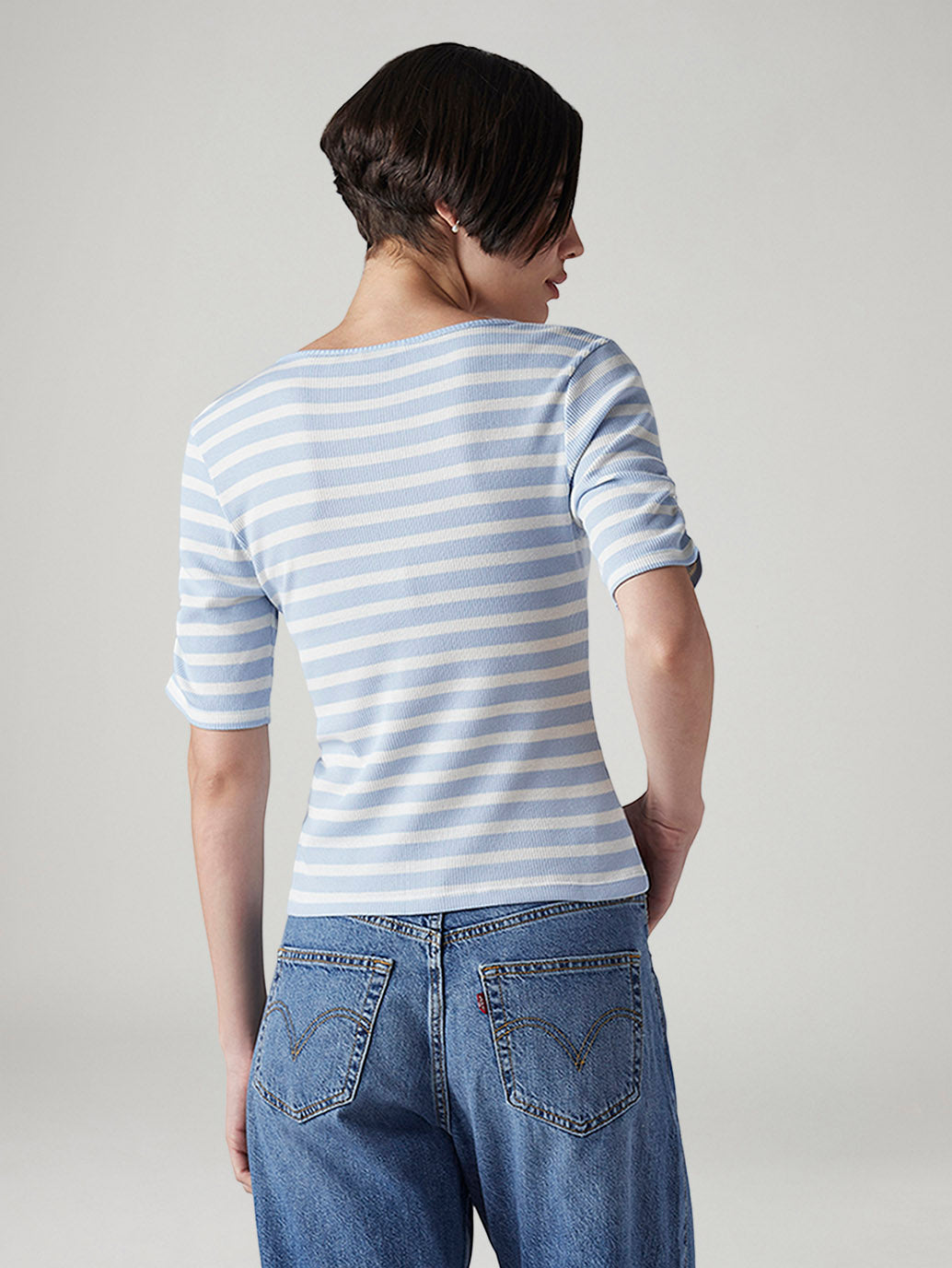 Women's Striped Light Blue Scoop Neck Top - Back View