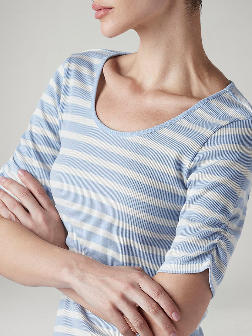 Women's Striped Light Blue Scoop Neck Top - 20 View