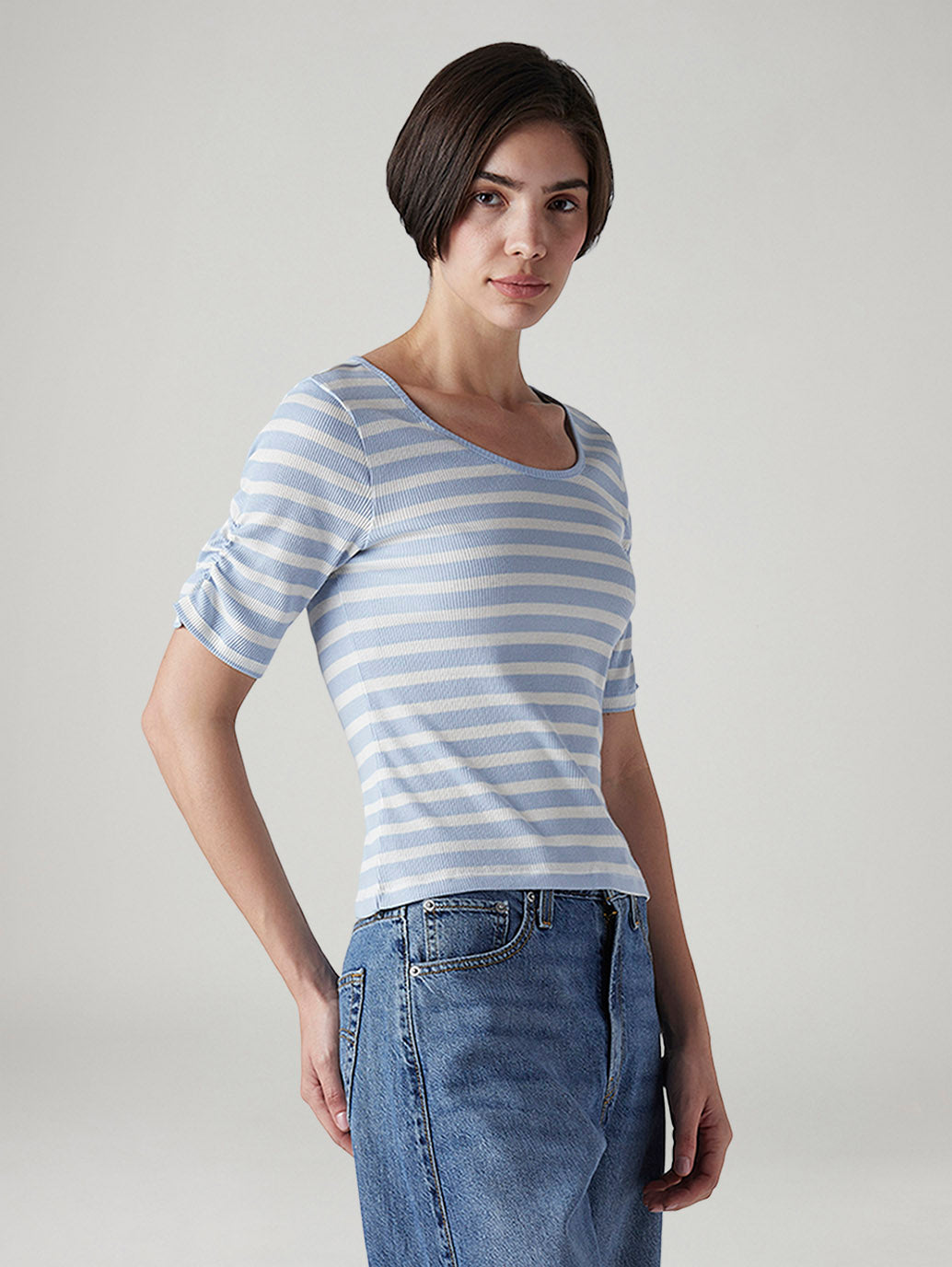 Women's Striped Light Blue Scoop Neck Top - Side View