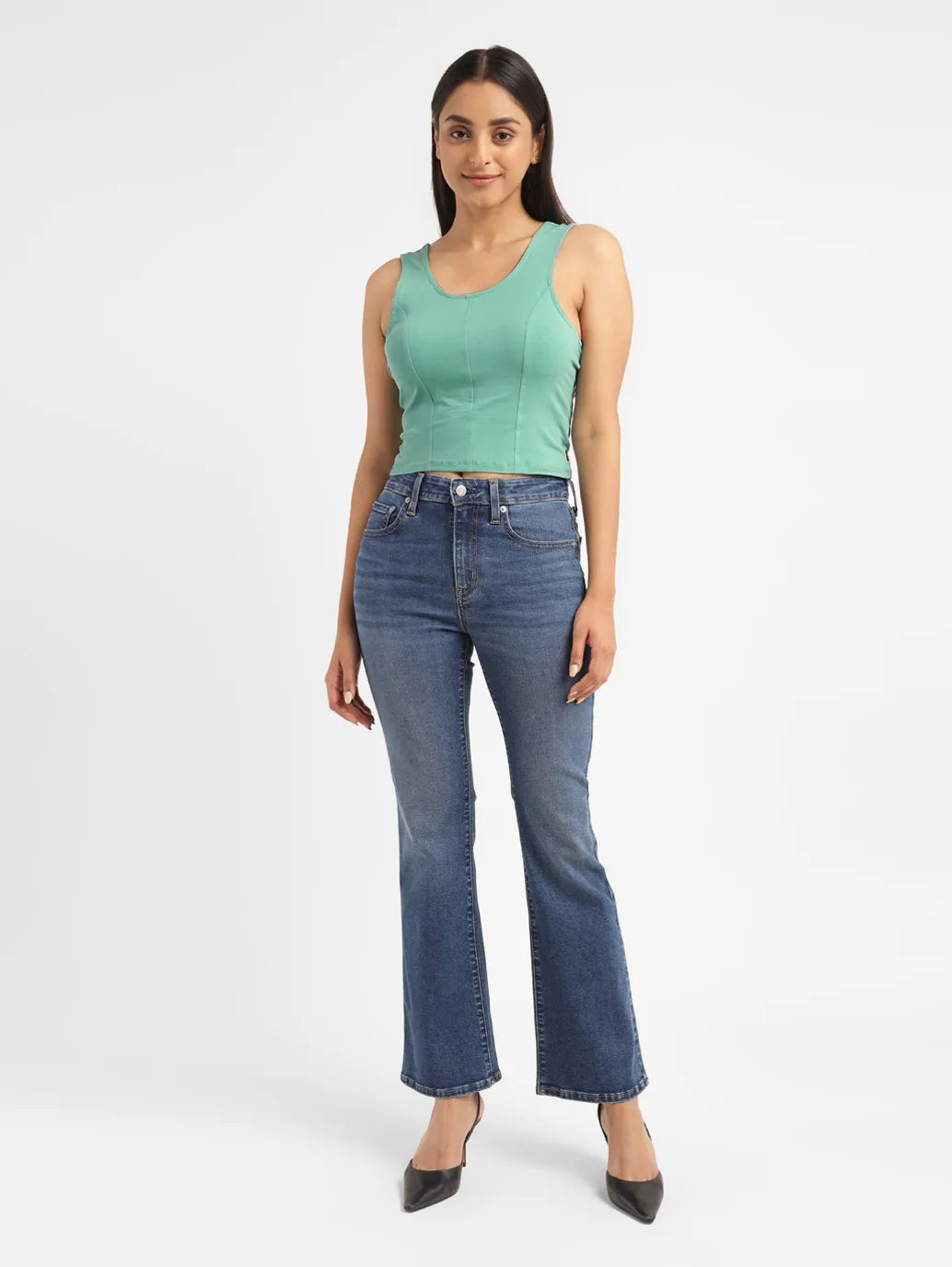 Women's Solid Green Scoop Neck crop