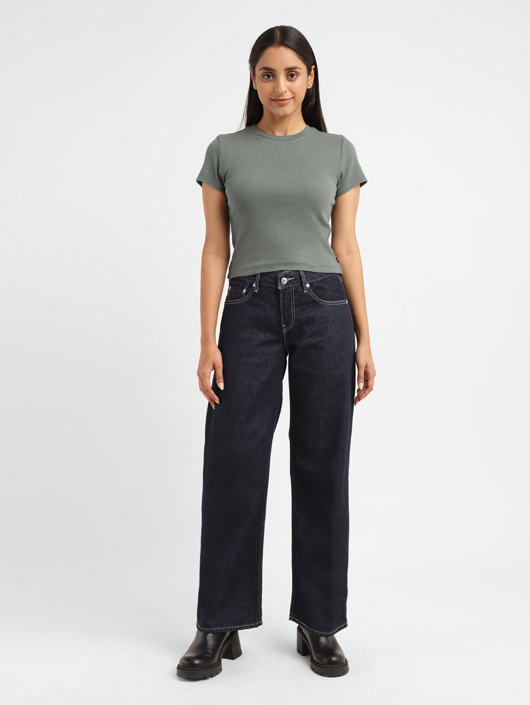 Women's 94 Navy Blue Baggy Wide Leg Fit Mid Rise Jeans