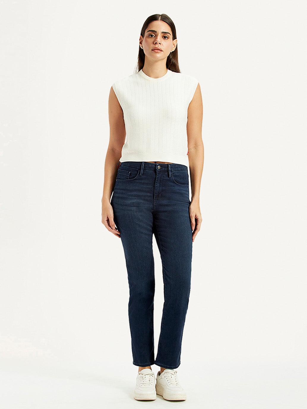 Women's Redloop 724 Dark Blue Slim Straight Fit High Rise Jeans - Front View